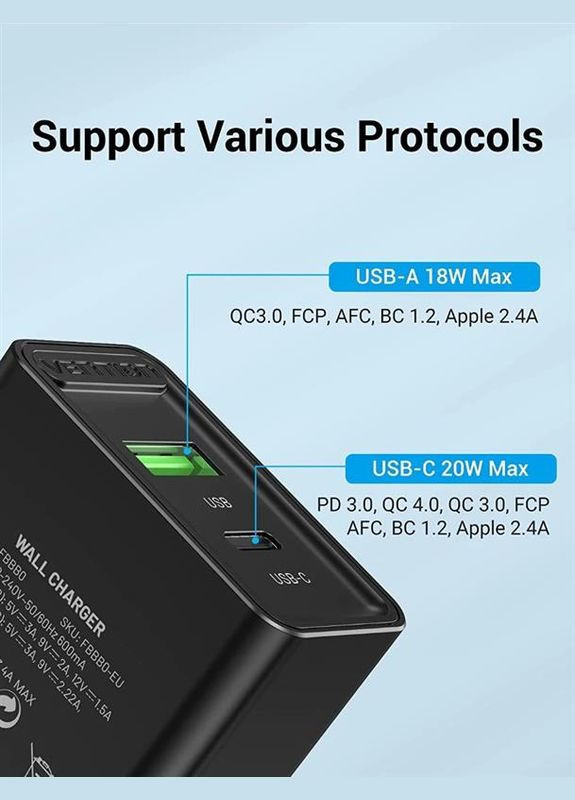 Сетевое зарядное устройство для USB Type C + QC4.0 (18-20W) Black (FBBB0-EU) Vention (336953154)