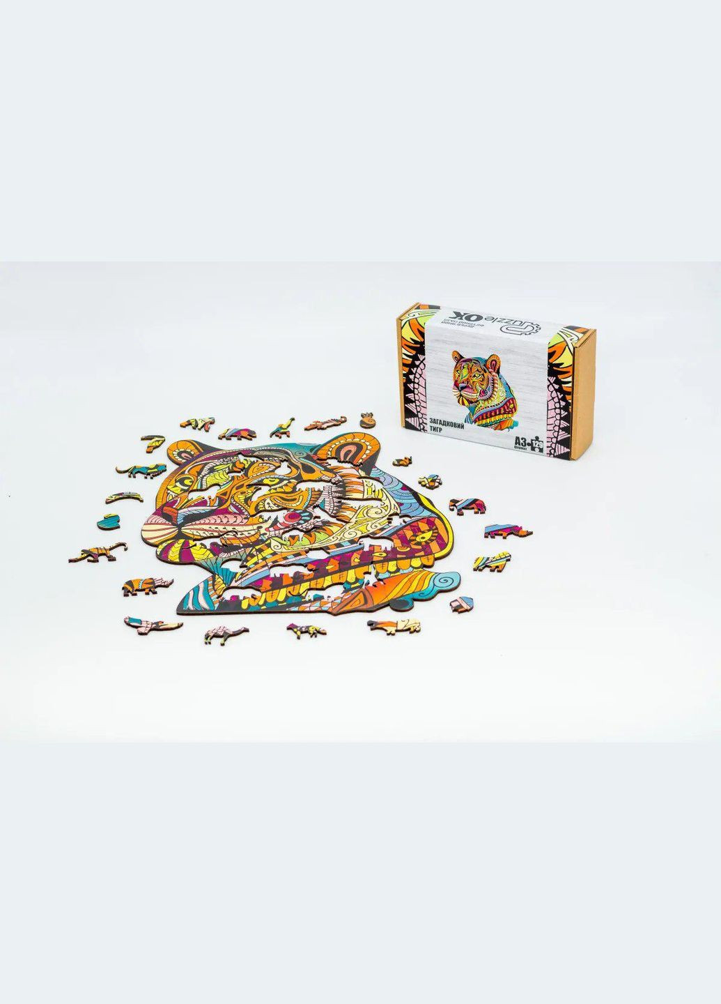 Фигурный деревянный пазл Загадочный Тигр A3 в картонной упаковке 129 деталей 00726 PuzzleOK (329898685)