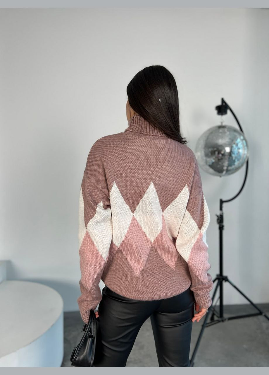 Пудровый зимний женский теплый свитер с горловиной пудрового цвета 30269 Fashion