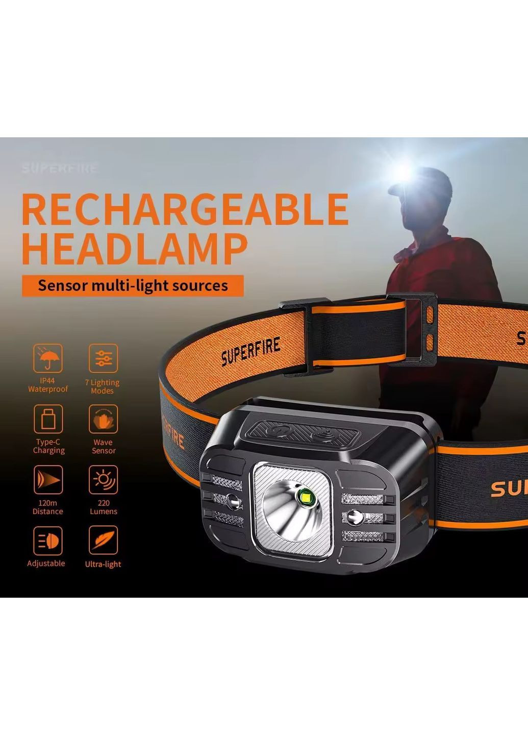 Налобный Фонарик с аккумулятором на 1600 мАч HL75-A SUPERFIRE (372179097)