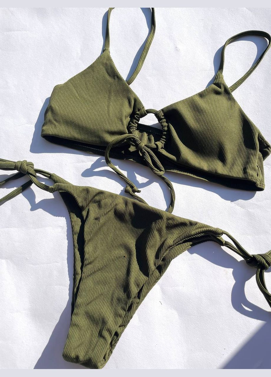 Оливковий (хакі) літній роздільний жіночий купальник у рубчик із зав'язками на ліфі та плавках ribana чорний No Brand