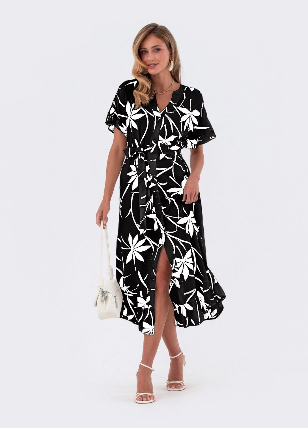 Черное кэжуал платье-рубашка из штапеля с принтом чёрное рубашка Dressa