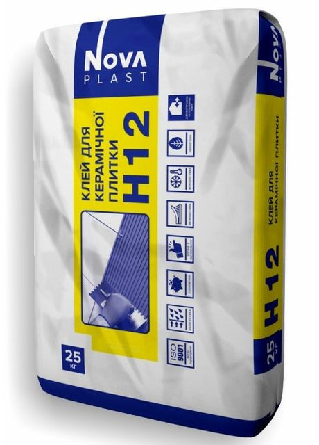 Клей для керамічної плитки для внутрішніх та зовнішніх робіт Новапласт НОВА Н-12 (25 кг) Новопласт (369717695)