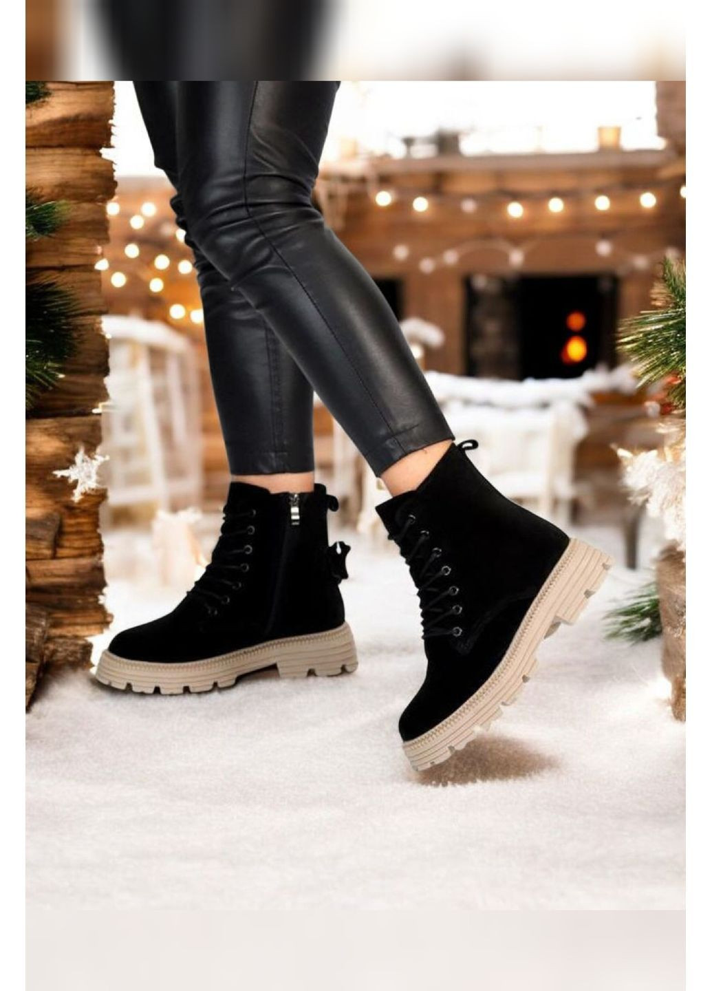 Жіночі зимові чорні замшеві черевики на хутрі із шнурівкою та блискавкою на бежевій підошві Jiulai-Kadisalun Черевики (368770275)