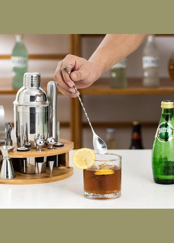 Набір для бару для приготування коктейлів з дерев'яною підставкою 750 мл 12 предметів Сріблястий (C051212) Bar (342122445)