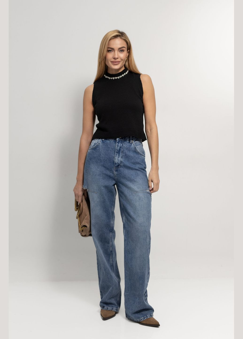 Женская жилетка со стразами на горловине - черный Lurex (317233755)