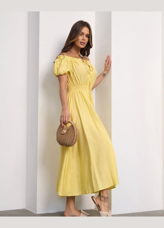 Желтое повседневный платья с открытыми плечами ISSA PLUS однотонное