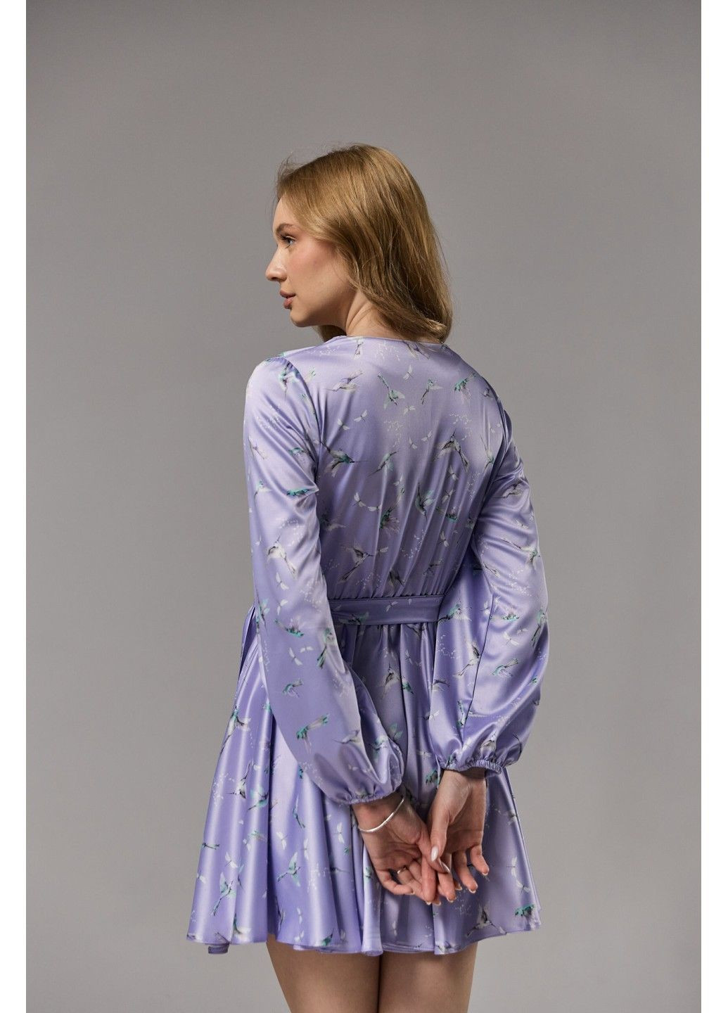 Лілова сукня міні шовк в принт колібрі лілова Bessa
