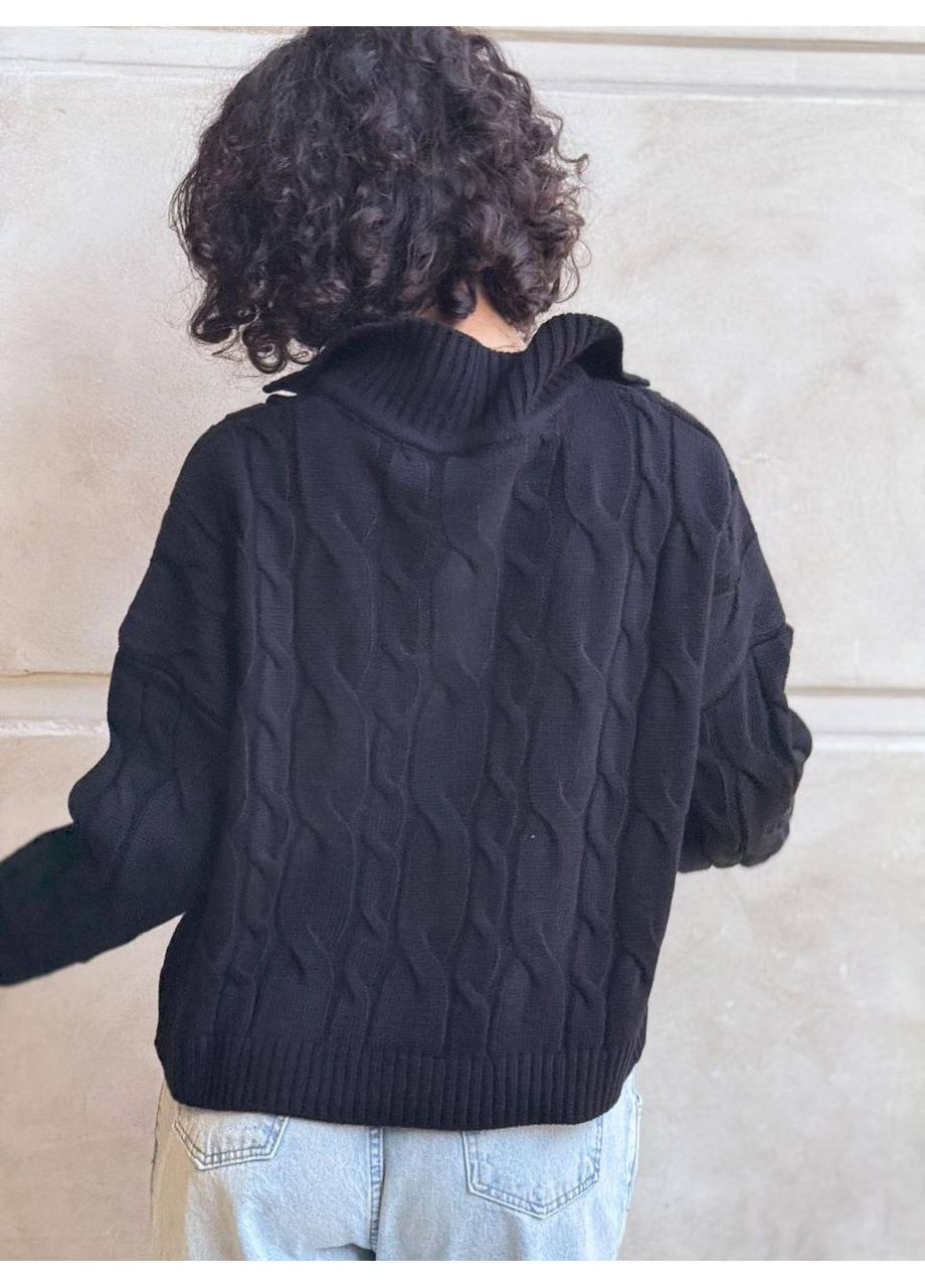 Черный демисезонный 💥 оверсайз свитер с узором «косы» и воротничком-поло – идеальный стиль для холодного сезона! размерная сетка в описании Vione