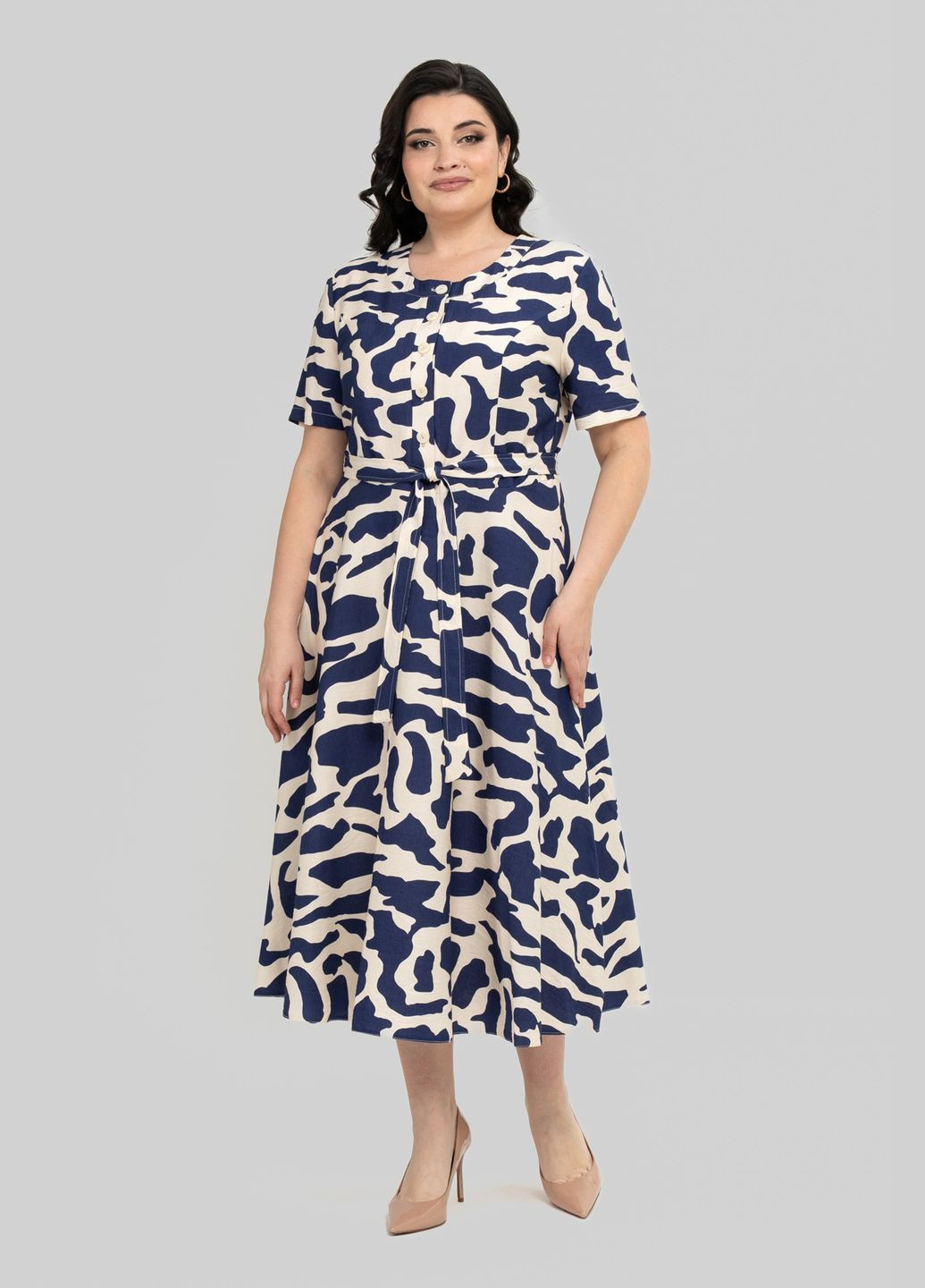 Синее повседневный платье полуприлегающего силуэта из льна бохо клешенная юбка вниз all posa (ap101993p) A'll Posa