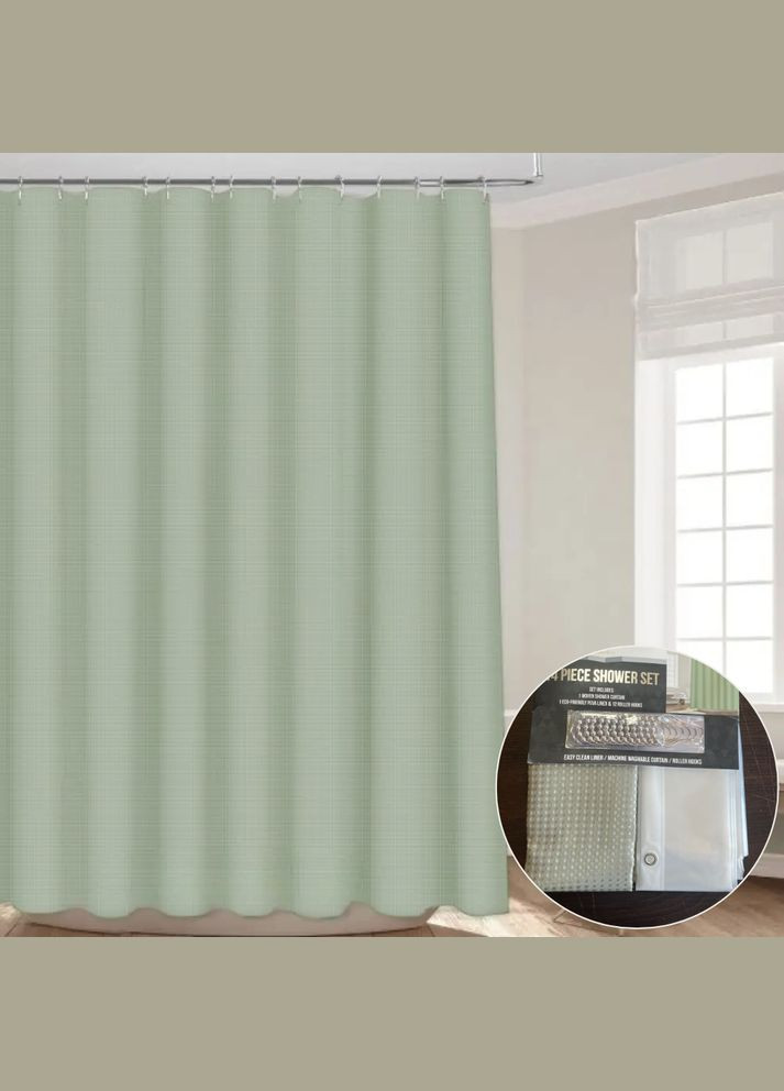 Набор шторка для ванной и душа 178x183 см, штора с подкладкой для ванной с крючками, зеленый, жаккардовый узор. No Brand (354829491)