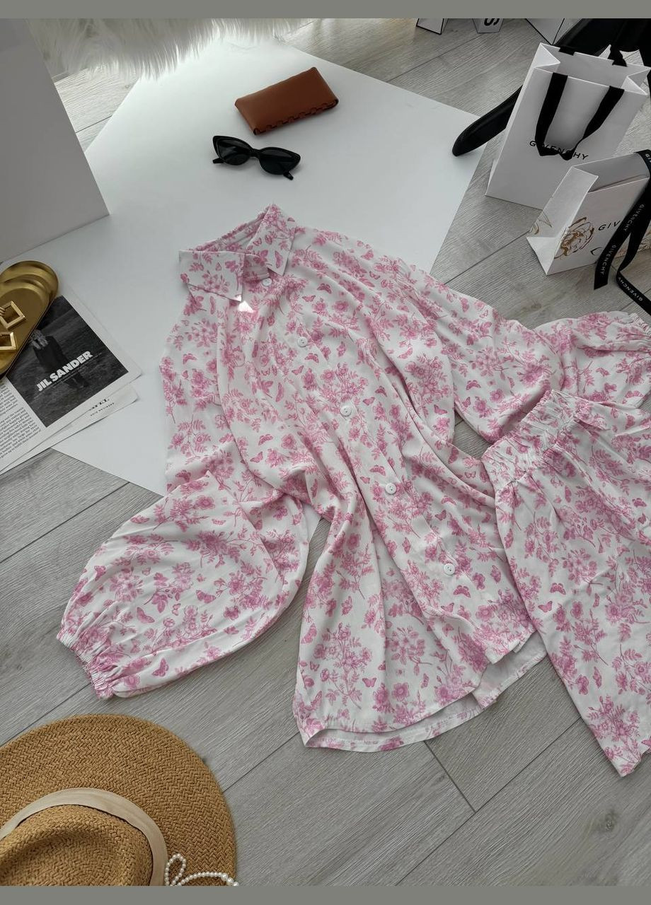 Жіночий літній костюм сорочка та шорти вільного крою в квітковий принт MonCher (339604680)