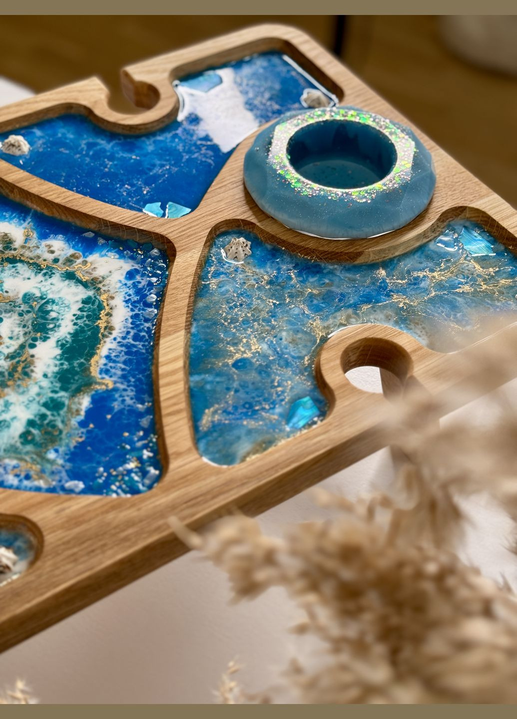 Дубовый винный столик (столик для завтраков) с эпоксидной смолой в морском дизайне KorriArt (315391429)