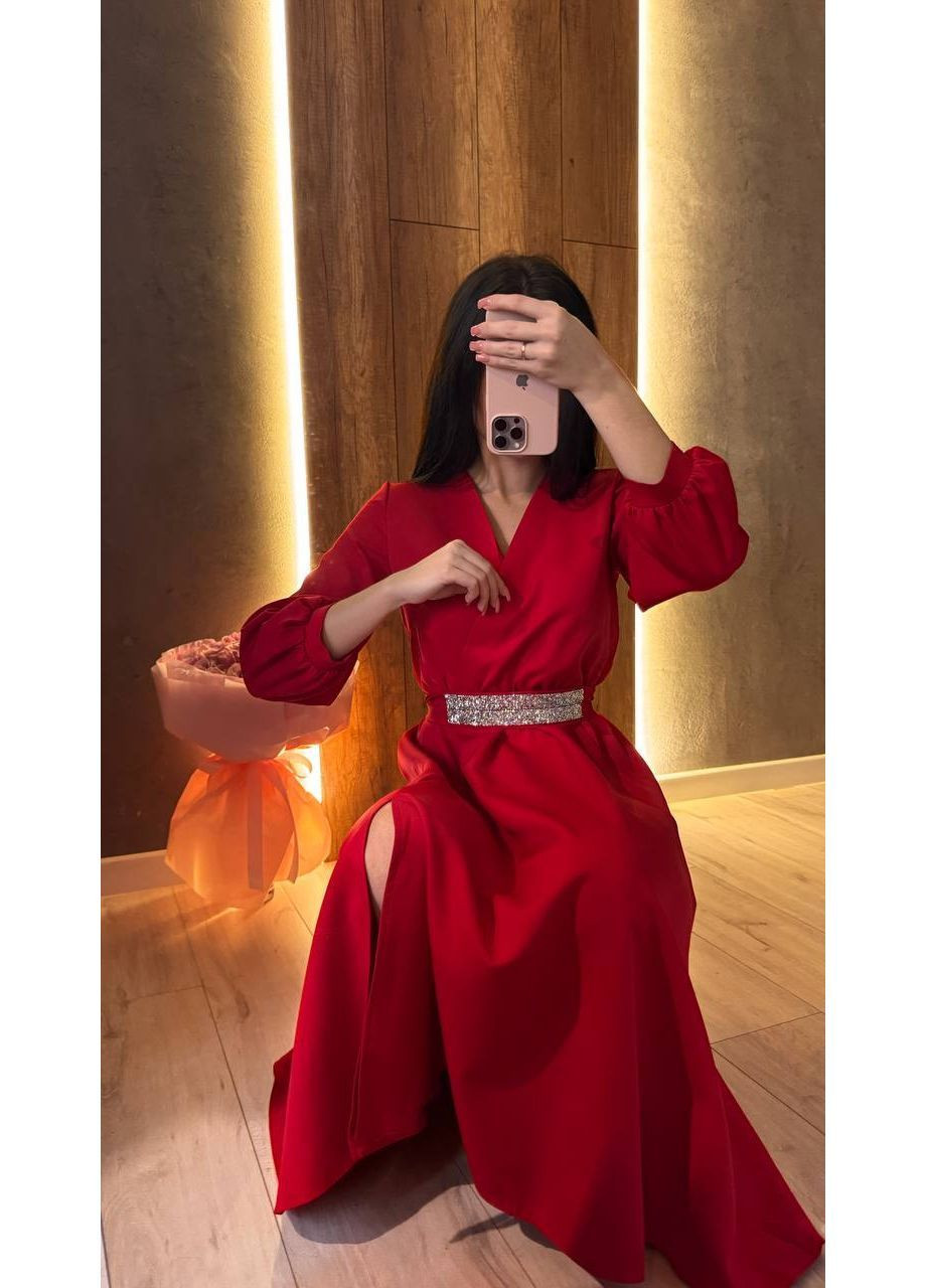 Красное праздничный, вечернее элегантное женское платье с акцентом на талии No Brand однотонное