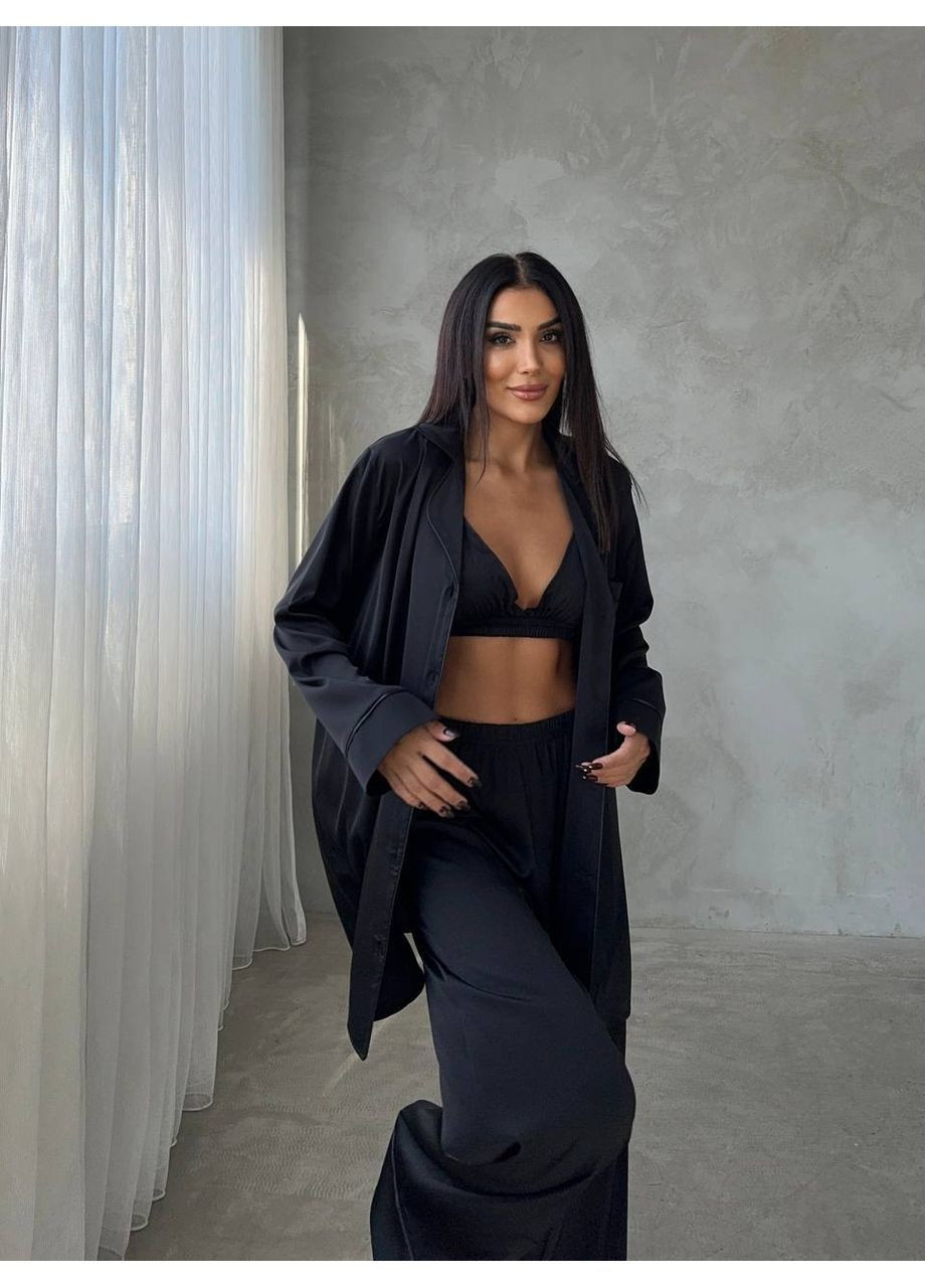 Чорна всесезон розкішна сатинова піжама трійка сорочка + топ + брюки Vakko