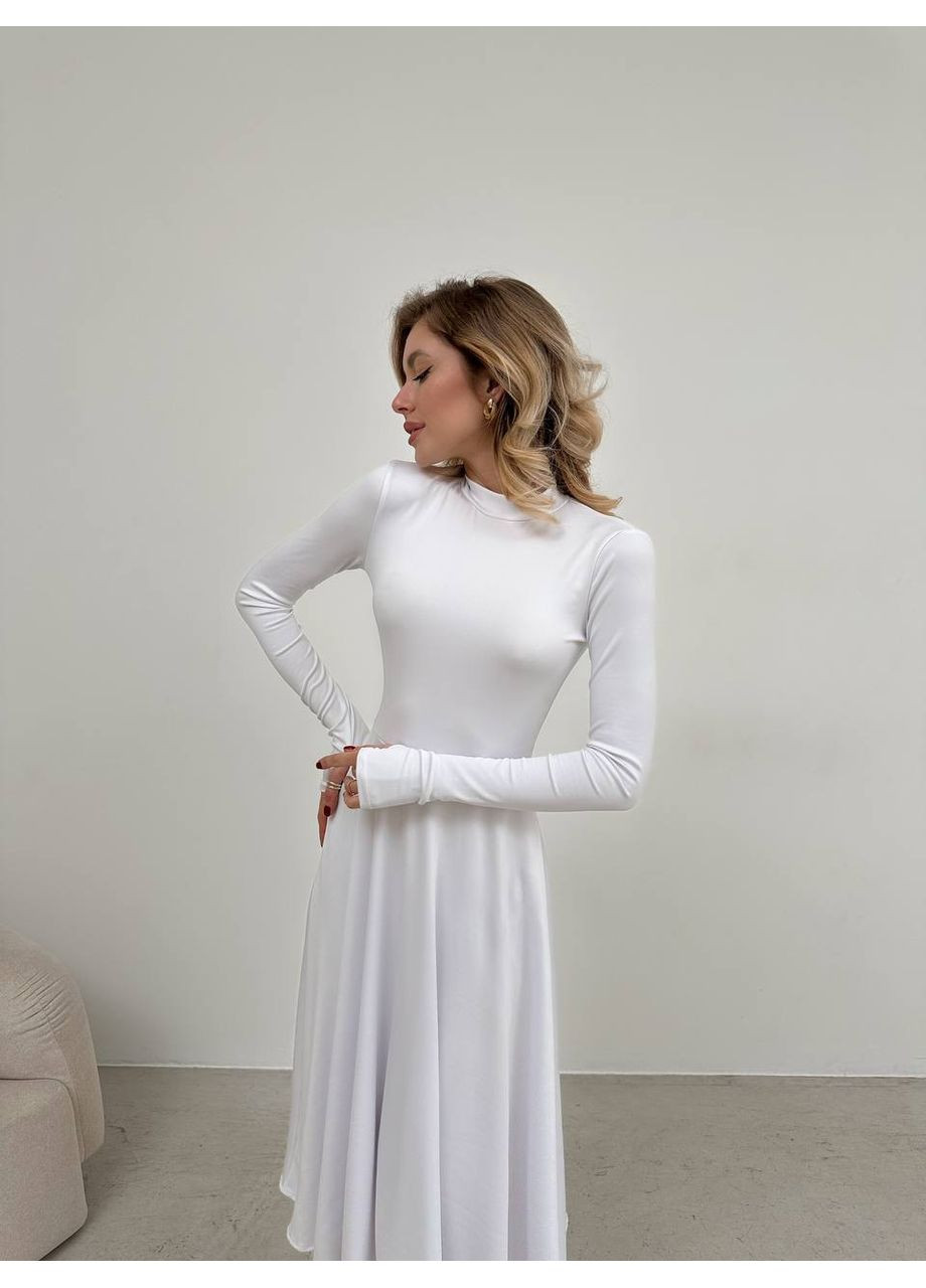 Білий еластична сукня кльош міді бiлого кольору 35953 кльош Fashion однотонна
