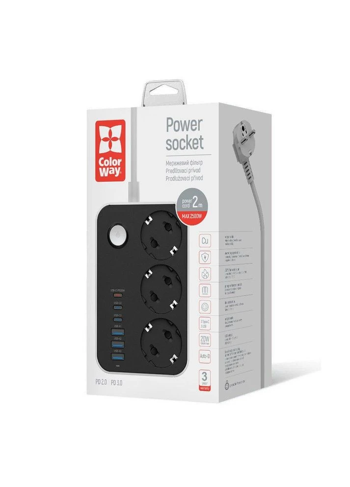 Фильтр питания CW-CHE36PDB 20W (3 USB-A + 3 TYPE-C) 3 розетки, 6 USB, 2 м, черный Colorway (400426911)
