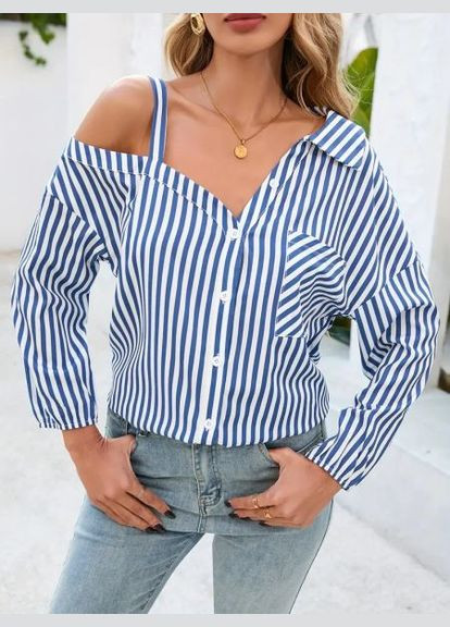 Блакитна блуза жіноча з відкритим плечем, у смужку, блакитна, (арт. 406) No Brand