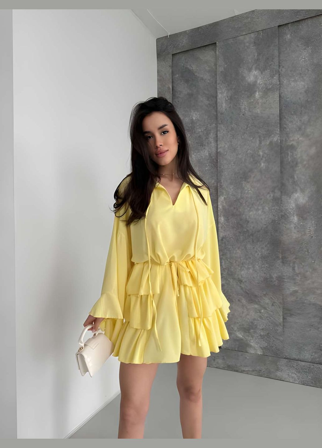 Желтое женское нежное романтическое шифоновое шоколадное короткое платье мини коричневое Україна