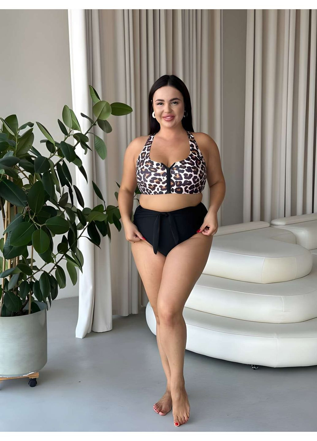 Комбинированный летний раздельный женский леопардовый купальник в спортивном стиле с топом. раздельный No Brand