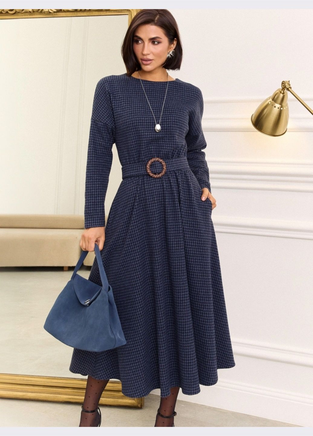 Темно-синя кежуал темно-синя сукня-міді в клітинку Dressa в клітинку