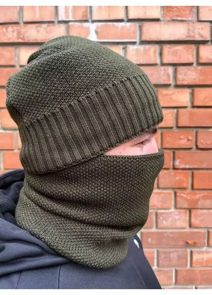 Чоловічий зимовий комплект шапка-хомут хакі, в’язаний набір 56–60 см з акрилу на подвійній флісовій підкладці No Brand (363052223)