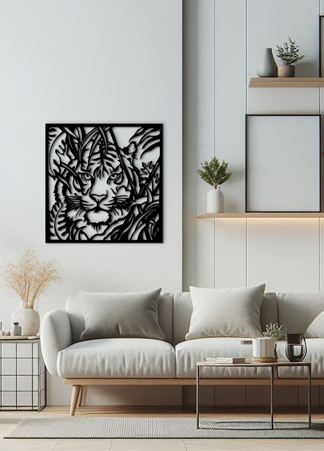 Дерев'яний декор для кімнати, Сучасна картина для інтер'єру "Полювання тигра", стиль лофт 20х20 см Woodyard (292113039)