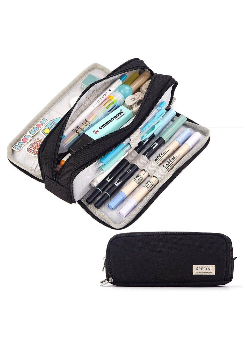 Пенал косметичка на три отделения на молнии, раскладной, для школьников и студентов, органайзер, черный 29375 No Brand (336186374)