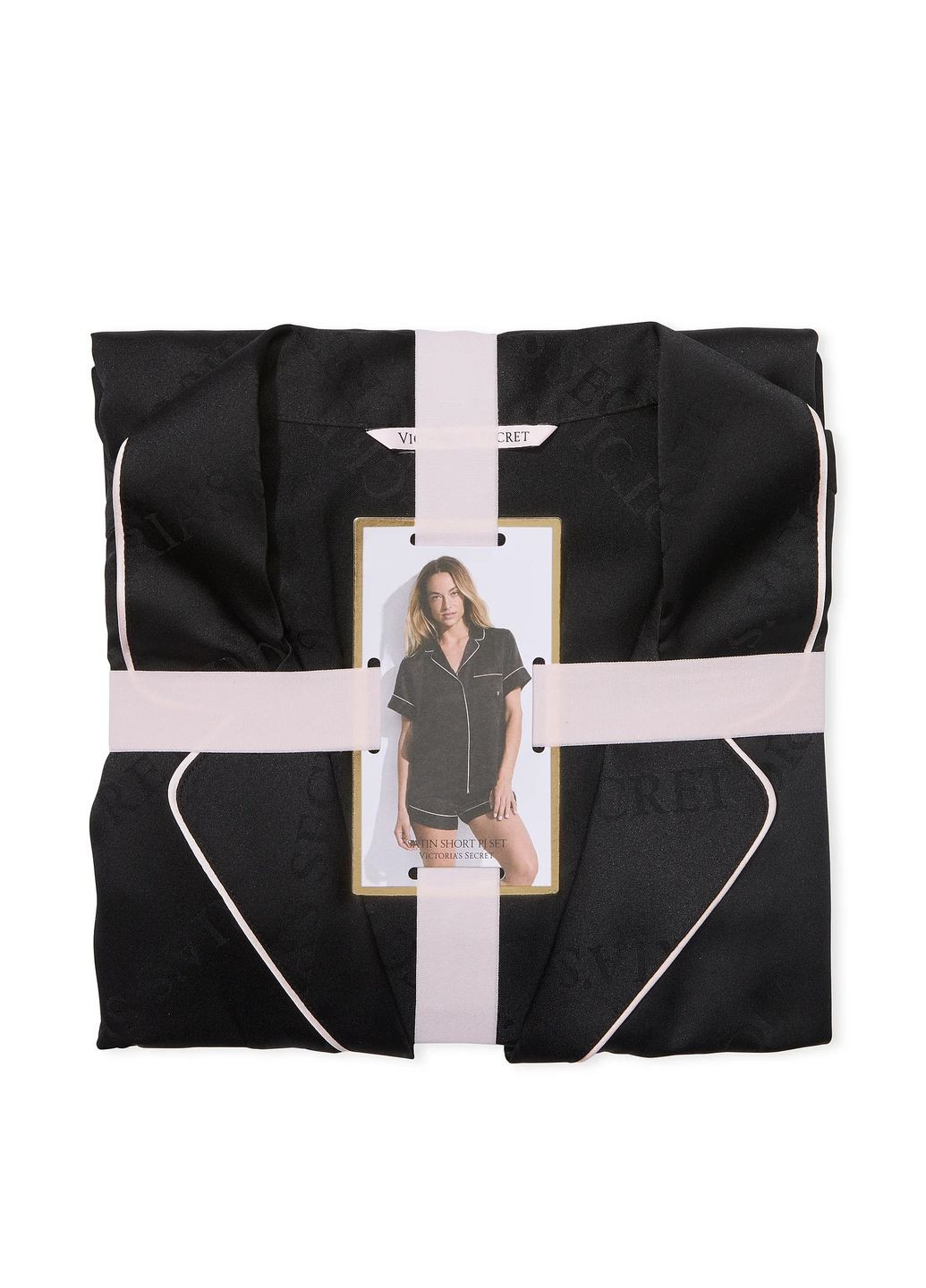 Чорна всесезон чорна сатинова атласна піжама з шортами сорочка + шорти Victoria's Secret