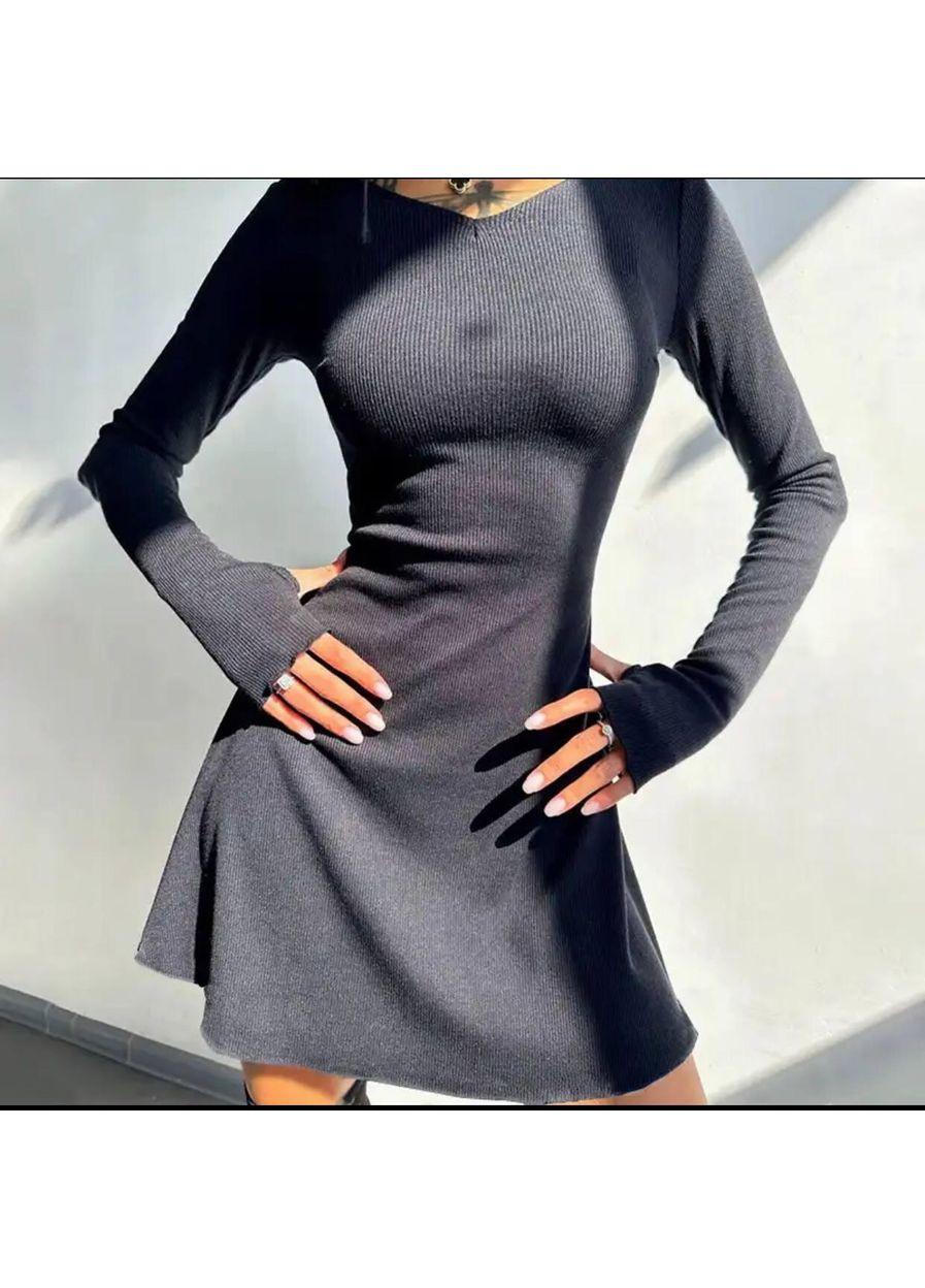 Бежева повсякденний сукня жіноча в рубчик зав'язується на талії м'яка з прорізами на рукавах котортка дзвін No Brand однотонна