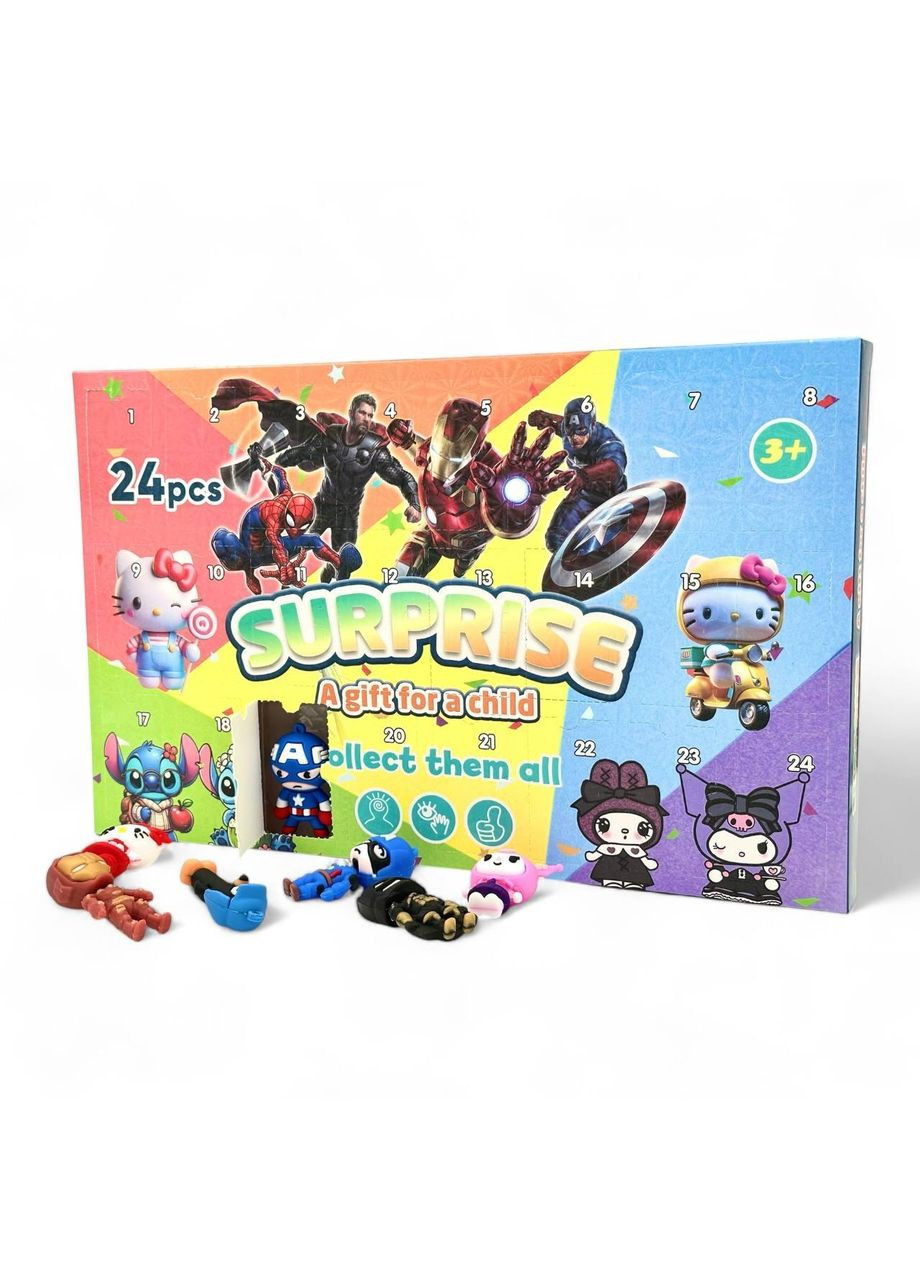 Адвент-календарь с игрушками Сюрприз, 24 фигурки ассорти (Лило и Стич, аниме Hello Kitty, Куроми, Marvel) Po Fanu (325483971)