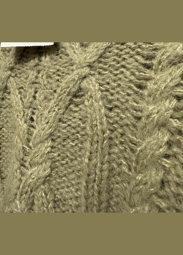 Оливковий зимовий вʼязаний укорочений светр з вовною шерстю в складі плетений в узор коси джемпер Jennyfer