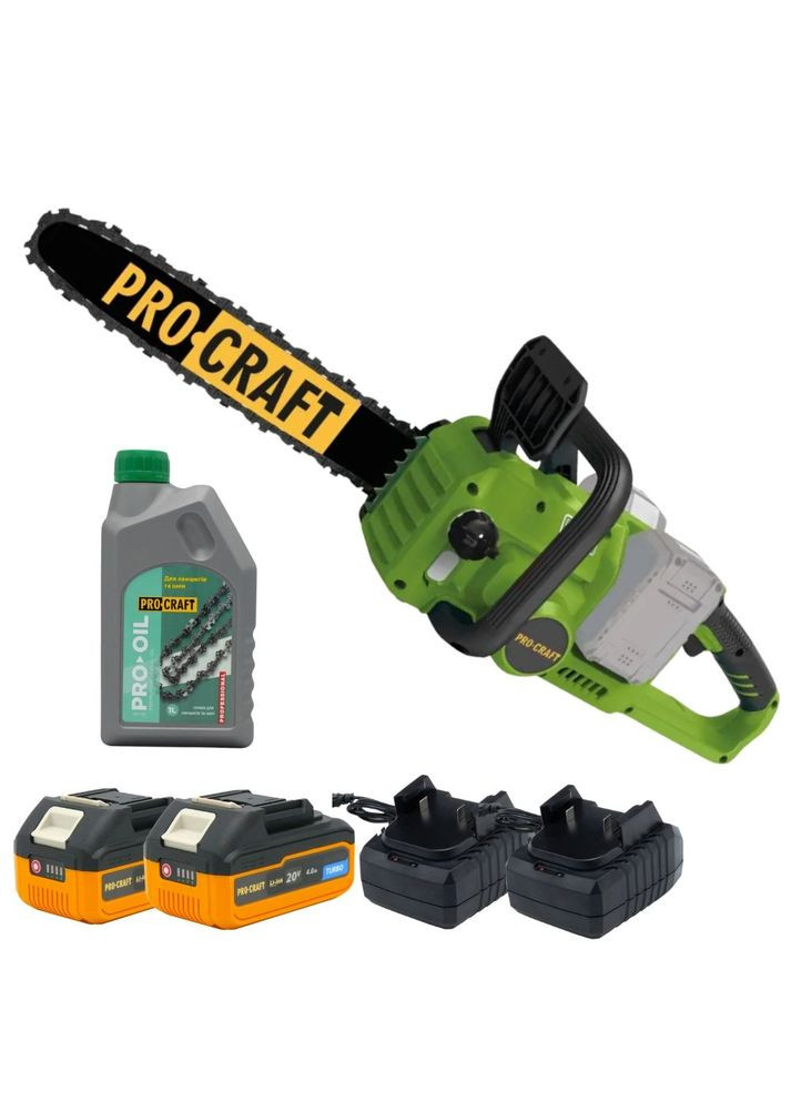 Набір Акумуляторна ланцюгова пила PCA42/2+акб 20/4Turbo (2шт)+ЗП 20/1(2шт)+Олива ланцюга 1л ProCraft (366891176)
