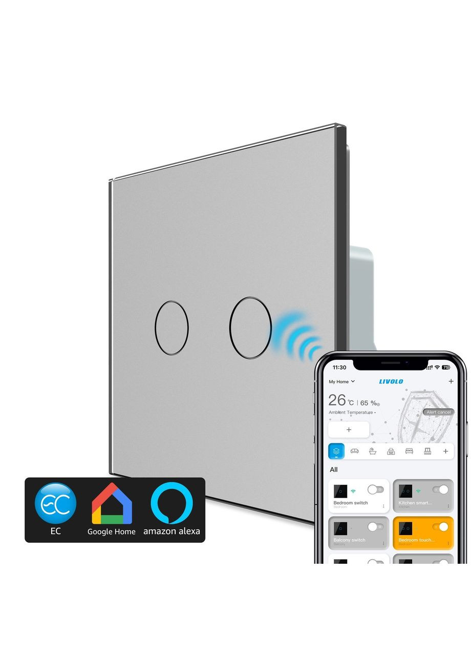 Умный сенсорный проходной/перекрестный IP выключатель 2 сенсора стекло (VL-M7FC2SZ2-2IP) Livolo (371777494)