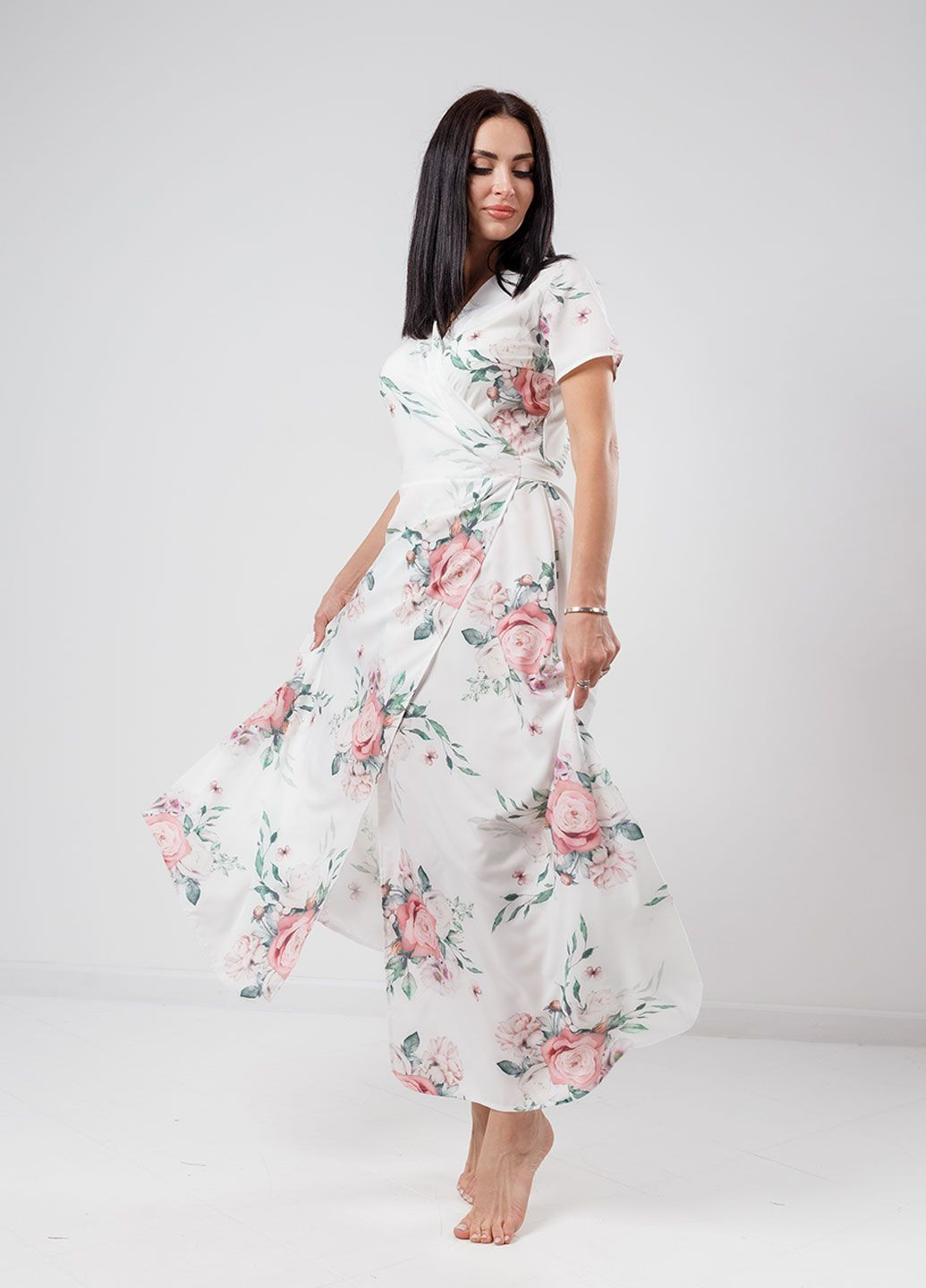 Белое повседневный, кэжуал, коктейльное летнее платье в пол на запах Fashion Girl розы