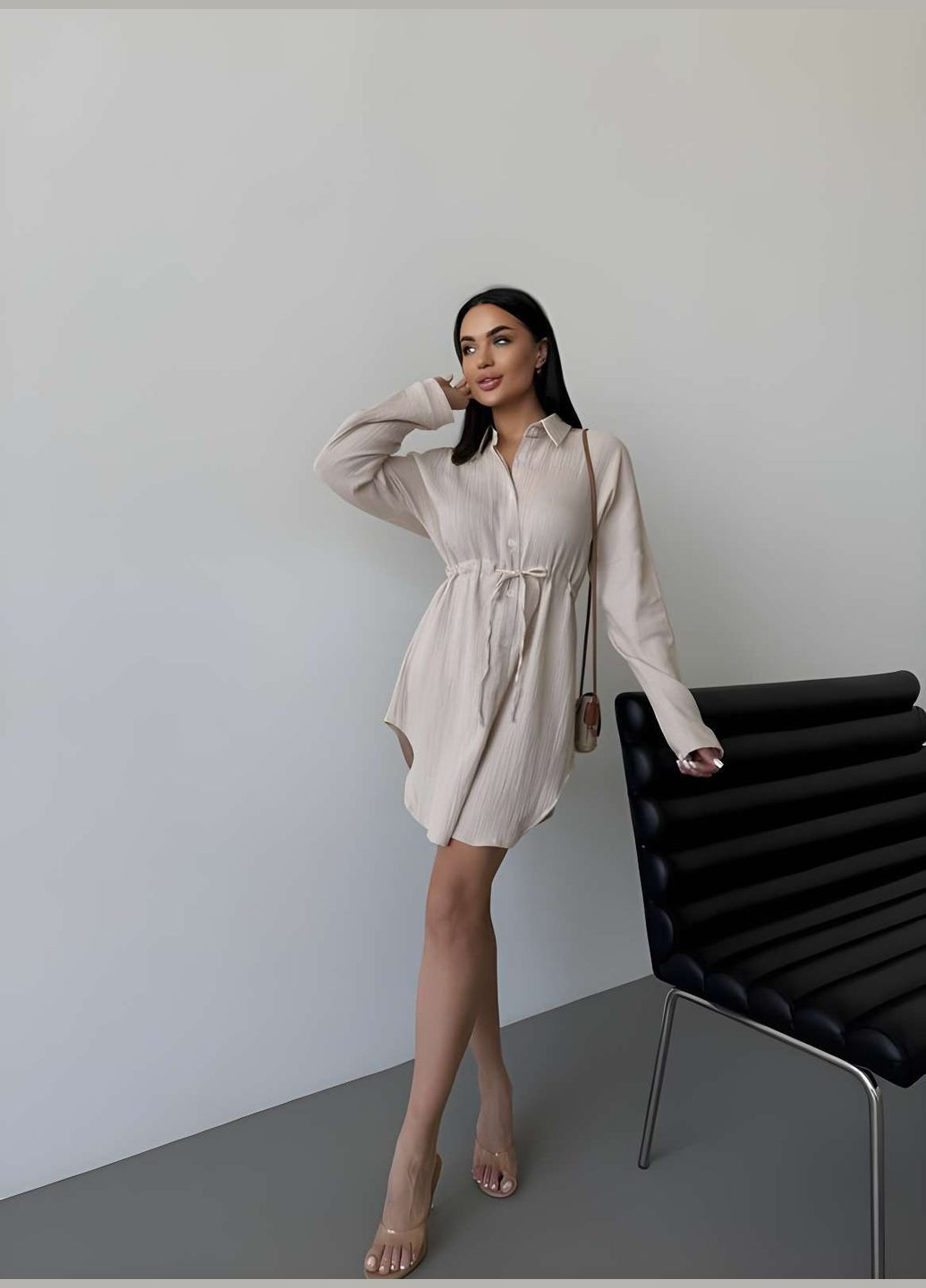 Бежева пляжна, повсякденний, кежуал жіноча літня сукня-сорочка на гудзиках муслінова бежева Україна