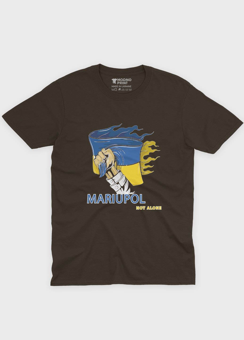 Коричневая мужская футболка с патриотическим принтом мариуполь (ts001-3-dch-005-1-084) Modno
