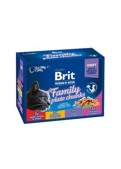 Набір вологих кормів Cat Pouch «Сімейна тарілка» для котів, асорті із 4 смаків, 12 шт х 100 г Brit Premium (322875035)