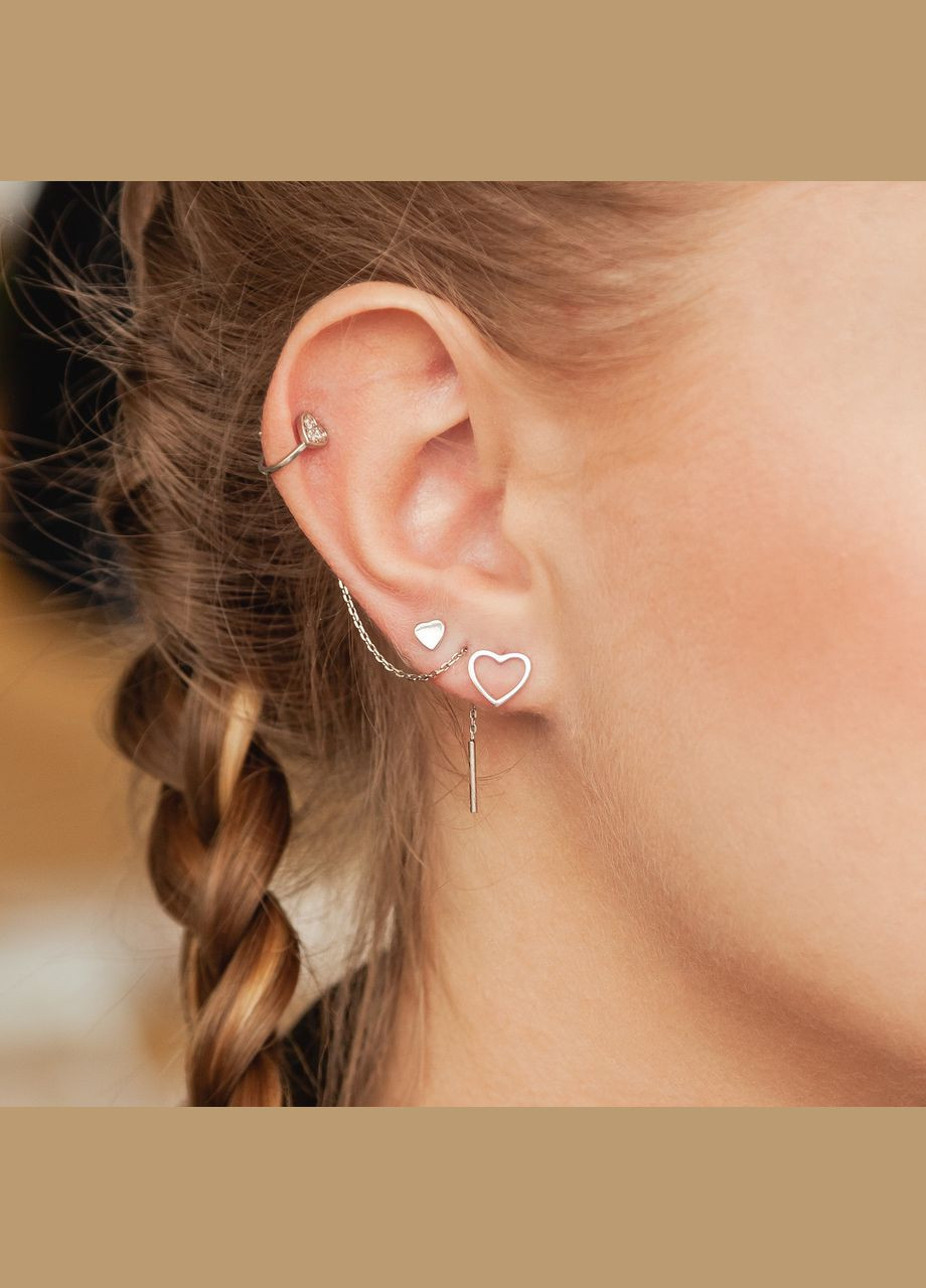 Срібні сережки кафи протяжки стилізовані з сердечком трикутником та білими фіанітами No Brand (333705711)