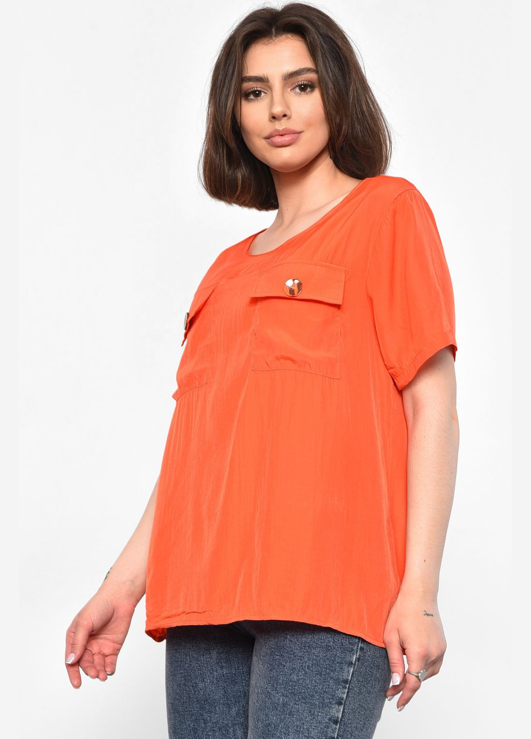 Помаранчева блуза жіноча з коротким рукавом помаранчевого кольору з баскою Let's Shop
