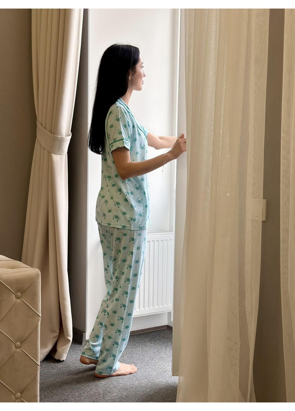 Блакитна всесезон жіноча піжама "crabby mood" сорочка + брюки Leyla