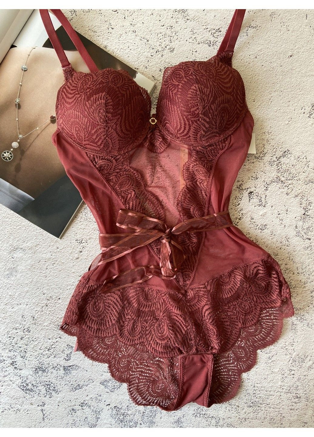 Бордова жіноча нижня білизна мереживне боді Porlloma (297366724)