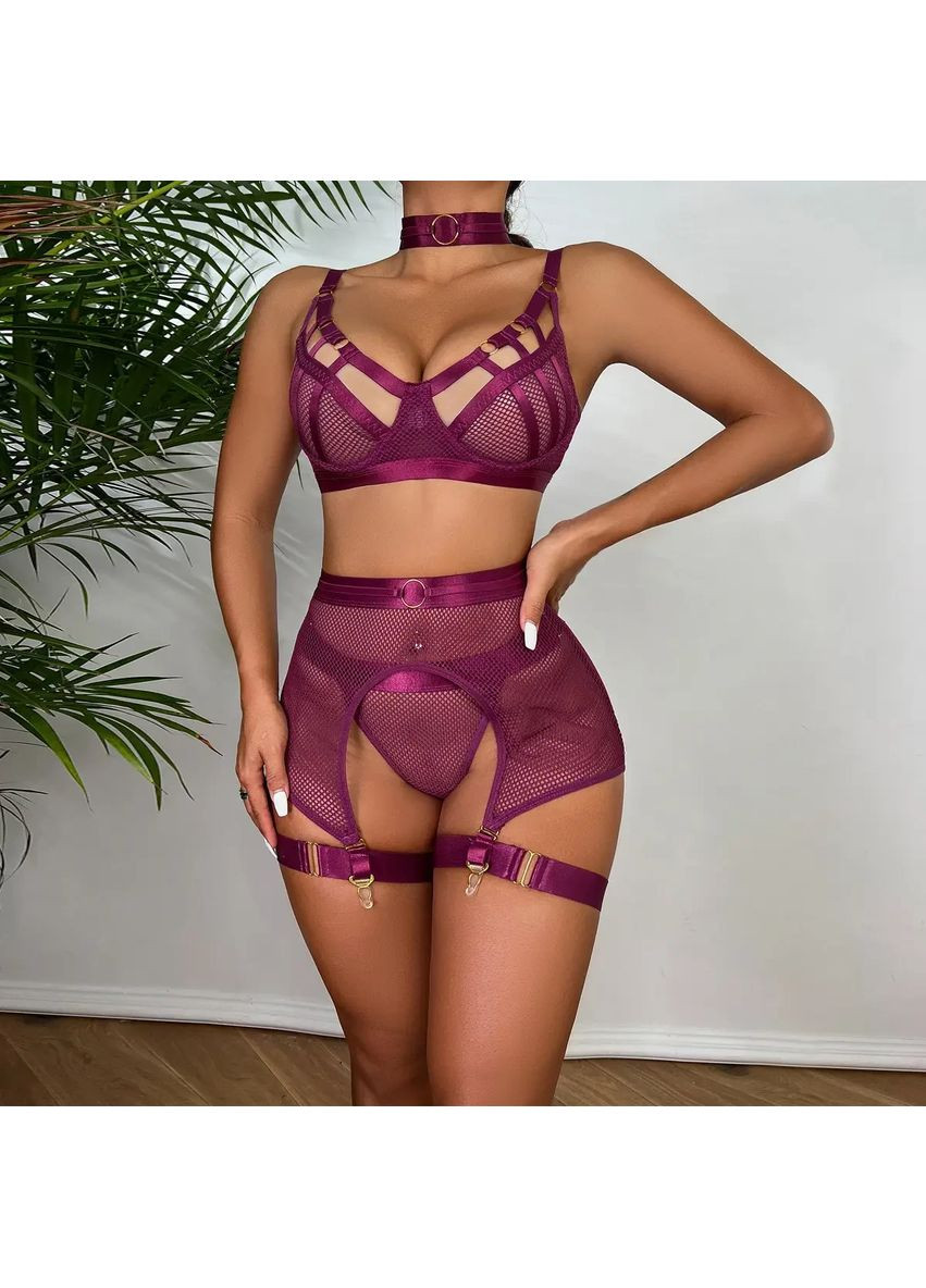 Фиолетовый демисезонный кружевной комплект с поясом. кружевной комплект с поясом. женское нижнее белье с широким поясом. No Brand