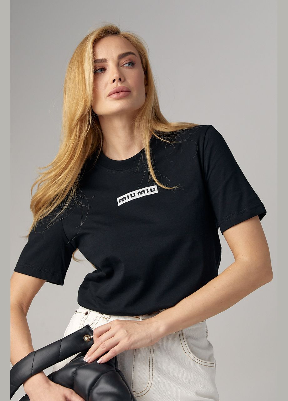 Черная летняя женская футболка с вышитой надписью miu miu - молочный Lurex