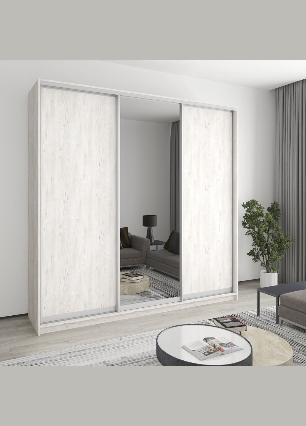 Шафа-купе тридверна Уні AL 2ДСП/Дзеркало 240x60x240 см Аляска сірий (MBS-1974) MebelStar (346288342)