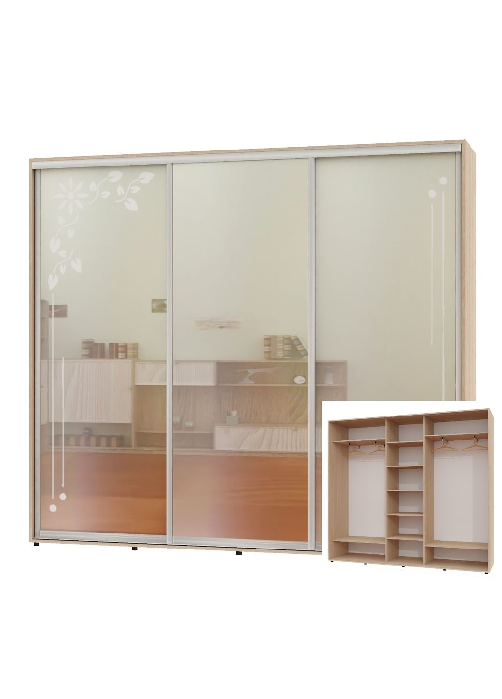 Шафа-купе тридверна 250*45*230 Дуб молочний 2 Дзеркала з піскострумним малюнком/Дзеркало ШК-04 Алекса (360479108)