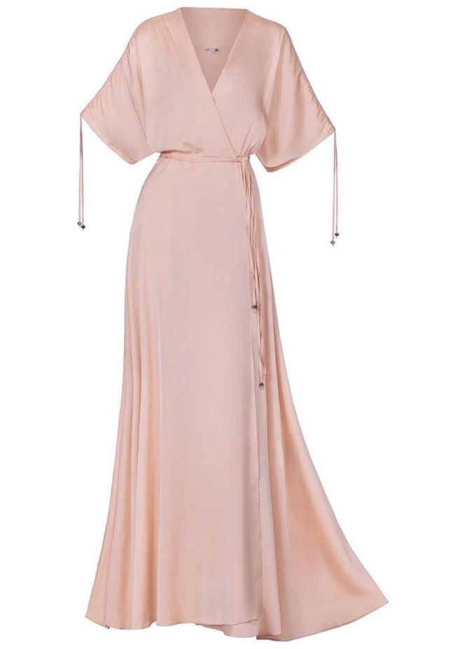 Рожева сукня довга, на запах у японському стилі з поясом - магнолія Garna