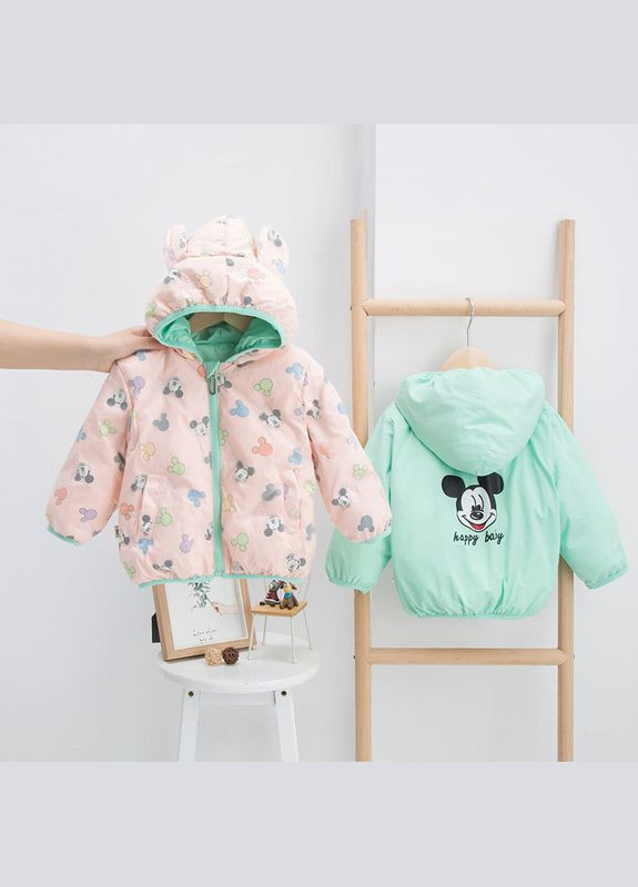 Розовая демисезонная куртка детская двусторонняя с рисунками ( ) (10011) Qoopixie