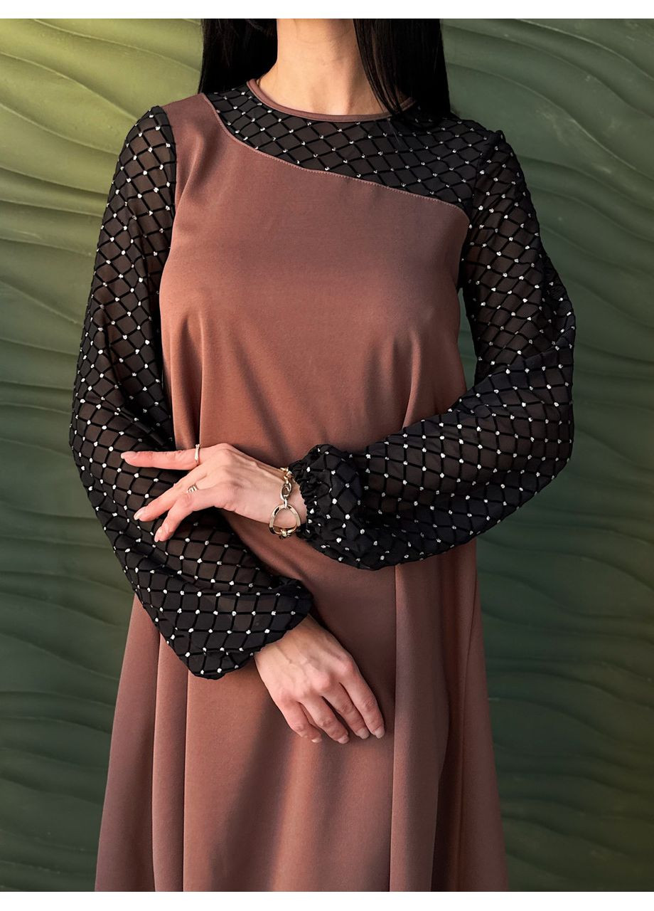 Коричнева вечірня сукня з прозорими рукавами Fashion Girl