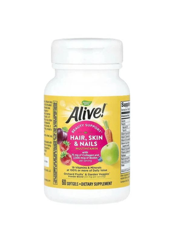 Мультивитамины для волос кожи и ногтей со вкусом клубники Alive! Hair Skin & Nails Multivitamin 60 капсул Nature's Way (361118965)